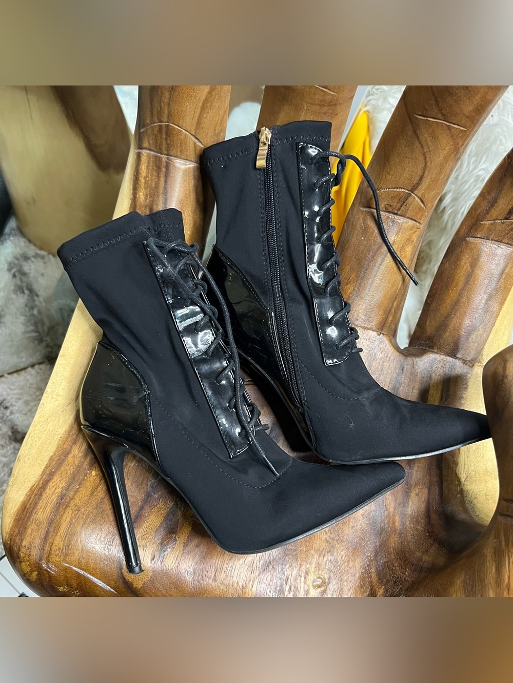 Fashion Nova Black Pointed Stiletto Lace-Up Ankle Boots